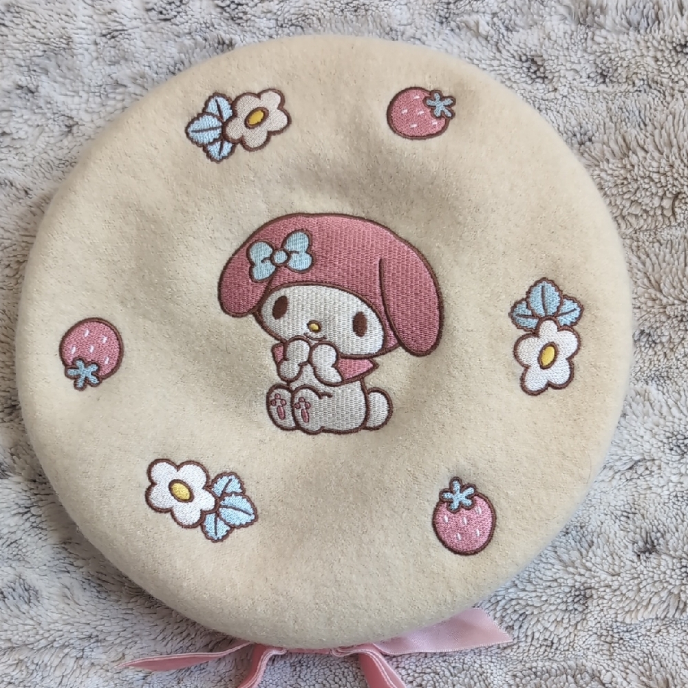 Sanrio My Melody Floral Beret Embroidered Wool Pink Hello Kitty Hat